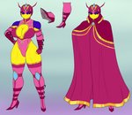 ankle_strap_heels anthro big_breasts breasts cape clothing crown elbow_pads female fingerless_gloves footwear gloves handwear headgear high_heels knee_pads muscular muscular_anthro muscular_female non-mammal_breasts pumps purple_eyes shoes solo wide_hips wrestling_clothing yellow_body crovirus kirby_(series) nintendo queen_sectonia arthropod hymenopteran insect wasp absurd_res hi_res model_sheet