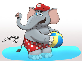 anthro ball beach_ball bottomwear brown_moustache clothed clothing colors!_live_(artwork) grey_body grey_skin hat headgear headwear inflatable male male_anthro shorts simple_background solo swimming_trunks swimwear topless topless_anthro topless_male water white_background sagadreams mario_bros nintendo super_mario_bros_wonder elephant_mario mario elephant elephantid mammal proboscidean 2023 4:3 digital_drawing_(artwork) digital_media_(artwork) hi_res signature