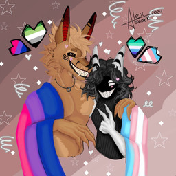 anthro aromantic_pride_colors bisexual_pride_colors duo fur hair lgbt_pride male male/male pride_colors simple_background smile transgender_pride_colors vincian_pride_colors alex_shark coffee_(patrick_okottsu) aquatic bat canid canine fish fox humanoid mammal shark 1:1 hi_res signature