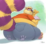 ambiguous_gender anthro belly big_butt blonde_hair bottomwear butt cake clothing dessert duo eating food fur grey_body grey_fur hair looking_back male overweight overweight_male pants paws purple_body purple_fur shirt shocked short_hair sitting_on_another topwear yellow_body yellow_fur teaselbone raccoondrew_(character) teaselbone_(character) mammal procyonid raccoon 2024 hi_res