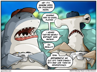 anthro backwards_baseball_cap backwards_hat baseball_cap black_eyes clothing controller dialogue duo front_view frown game_controller gaming grey_body grey_skin hat hat_only headgear headgear_only headwear headwear_only holding_controller holding_game_controller holding_object male mostly_nude playing_video_game sharp_teeth speech_bubble talking_to_another tan_body tan_skin teeth text white_body white_skin xbox_360_controller xbox_controller woody_hearn discovery_channel gucomics microsoft shark_week xbox xbox_360 xbox_game_studios aquatic fish great_white_shark ground_shark hammerhead_shark mackerel_shark shark white_shark 2010 4:3 english_text meme