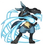 ambiguous_gender anthro aura_sphere black_body black_fur blue_body blue_fur fur pokemon_move red_eyes solo tail yellow_body yellow_fur pearlasaurus nintendo pokemon canid canine generation_4_pokemon lucario mammal pokemon_(species)