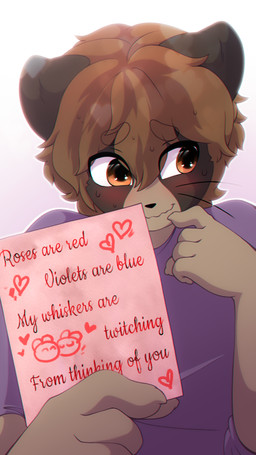 anthro athletic athletic_anthro athletic_male blush bodily_fluids brown_body brown_fur brown_hair clothed clothed_anthro clothed_male clothing cuddling daww embarrassed eyebrow_through_hair eyebrows fully_clothed fully_clothed_anthro fully_clothed_male fur hair happy heart_eyes heart_symbol holding_card holding_letter holding_object holidays male nails pink_background roses_are_red shirt shy shy_smile simple_background smile solo sweat t-shirt topwear translucent translucent_hair valentine's_day_card whiskers eipril valentine's_day cody_(eipril) domestic_ferret mammal mustelid musteline true_musteline weasel 2026 9:16 digital_drawing_(artwork) digital_media_(artwork) hi_res