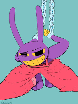 3_toes 4_fingers anthro barefoot bdsm blue_background bondage bound chain chained clothed clothing cuff_(restraint) feet fingers fully_clothed grin hands_behind_back kneeling male metal_cuffs narrowed_eyes overalls overalls_only oversized_clothing plantigrade purple_body restraints shackles simple_background smile solo squint submissive submissive_male toes yellow_eyes fragilescales glitch_productions inktober the_amazing_digital_circus jax_(tadc) lagomorph leporid mammal rabbit 2023 3:4 hi_res