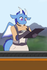 anthro blue_body blue_scales clipboard clothed clothing conveyor_belt ear_piercing ear_ring fully_clothed horn male membrane_(anatomy) membranous_wings outside piercing purple_eyes ring_piercing scales solo tail white_body white_scales wings writing_utensil conditional_dnp pawpadcomrade coffee_stain_studios mythology satisfactory_(game) altrue dragon mythological_creature mythological_scalie scalie 2023 2:3 animated loop no_sound short_playtime webm