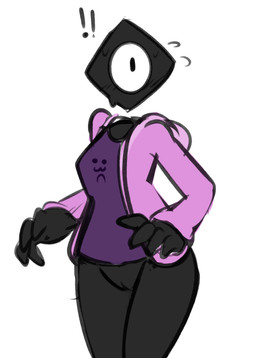 1_eye 5_fingers black_body blush bodily_fluids bottomless caught_in_the_act clothed clothing exclamation_point female fingers front_view genitals hoodie looking_away not_furry pink_clothing pink_hoodie pink_topwear purple_clothing purple_shirt purple_topwear shirt simple_background solo sweat sweatdrop topwear vulva white_background felino prisma_(fr0gv0re) humanoid shape_head 2021 colored_sketch sketch