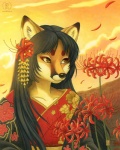 anthro asian_clothing black_hair black_outerwear clothed clothing detailed_background east_asian_clothing female flower front_view fully_clothed hair japan japanese_clothing kimono outside petals plant red_clothing red_topwear sky solo sunset topwear wind kacey hanako_(kacey) canid canine fox mammal 2015 half-length_portrait portrait traditional_media_(artwork)