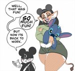 anthro bottomwear clothing dialogue duo female fishnet_clothing fishnet_legwear hotpants hug hugging_object hugging_plushie legwear male male/female midriff plushie shorts speech_bubble sweater tail text thick_thighs topwear wide_hips bigoldoinks disney disney_parks disneyland lilo_and_stitch stitch_(lilo_and_stitch) vivian_angustein amphibian bovid bovine cattle frog holstein_friesian_cattle mammal english_text