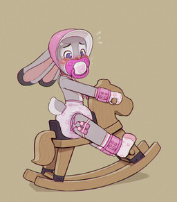 ankle_cuffs anthro bdsm bib blue_eyes blush clothing cuff_(restraint) diaper diaper_cover female floral_print footwear fur grey_body grey_fur latex_hood pacifier pink_clothing plastic_pants remote_controlled_vibrator restrained restraints rocking_horse simple_background socks solo tan_background wrist_cuffs skidoo disney zootopia judy_hopps lagomorph leporid mammal rabbit hi_res