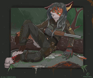 anthro blood bodily_fluids clothing female grass gun hair knife plant raining ranged_weapon scar solo text tree weapon wounded xleb0rezka canid canine fox mammal hi_res url