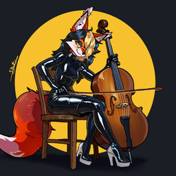 amber_eyes anthro black_bodysuit black_clothing black_hair black_latex black_skinsuit blonde_hair bodysuit bowed_string_instrument breasts cello clothed clothed_anthro clothed_female clothing ear_piercing ear_ring eyewear female fluffy fluffy_tail footwear fur glasses hair high_heels industrial_piercing latex latex_bodysuit latex_clothing latex_skinsuit multicolored_body multicolored_fur multicolored_hair musical_instrument piercing red_body red_fur ring_piercing shoes sitting skinsuit solo string_instrument tail tight_clothing two_tone_body two_tone_fur two_tone_hair wearing_glasses white_body white_clothing white_footwear white_fur white_high_heels sirawox canid canine fox mammal 1:1 2025 hi_res