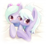 bed blush cuddling duo female feral furniture looking_at_viewer one_eye_closed wink rag._(artist) friendship_is_magic hasbro my_little_pony cloud_chaser_(mlp) flitter_(mlp) equid equine horse mammal pony