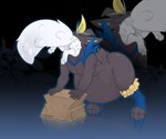 absurd_res anthro belly big_belly blue_clothing blue_eyes blue_leggings blue_legwear clothing cmitchell duo fur hi_res leggings legwear long_tail male open_mouth short_tail tail vore white_tail yellow_body yellow_fur