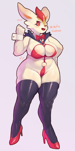 5_fingers anthro areola belly big_breasts big_ears bikini bow_tie breast_squish breasts buckteeth camel_toe clothed clothing female fingers footwear fur genital_outline glistening glistening_clothing high_heels legwear looking_at_viewer micro_bikini navel nipple_outline nipple_slip nipples one_eye_closed open_mouth open_smile pokemorph red_body red_clothing red_eyes red_footwear red_fur red_nose red_shoes shoes simple_background skimpy skimpy_bikini skindentation slightly_chubby smile solo squish standing swimwear teeth text thick_thighs thigh_highs two-piece_swimsuit vulva_outline white_body white_fur wide_hips wink morokko nintendo pokemon cinderace generation_8_pokemon lagomorph leporid mammal pokemon_(species) 1:2 2023 dated digital_media_(artwork) hi_res signature species_name