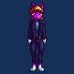 anthro arsonfur blonde_hair clothing female furry_balls_maven hair indigo_suit magenta_fur solo standing suit white_hands white_paws yellow_eyes trycia_lotus canid canine fox mammal 1:1 alpha_channel digital_media_(artwork) pixel_(artwork)