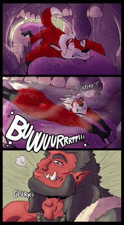 anthro black_hair bodily_fluids burping duo extreme_size_difference fully_inside fur hair male male/male oral_vore purple_insides red_body red_fur saliva saliva_on_tongue saliva_string size_difference teeth vore rchlisnomsome titanleon_(character) canid canine fox humanoid mammal orc absurd_res hi_res