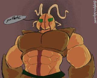 abs ambiguous_gender antennae_(anatomy) anthro arm_guards armor belt big_muscles big_pecs breastplate chitin_armor compound_eyes dialogue exoskeleton green_eyes half-closed_eyes mandibles muscular muscular_anthro narrowed_eyes natural_armor orange_body pecs red_stripes simple_background solo speech_bubble stripes wide_shoulders sophymn pathetic_(meme) lanolen_(anoelotl) arthropod insect neotrogla bust_portrait colored_sketch digital_drawing_(artwork) digital_media_(artwork) hi_res meme portrait shaded signature simple_shading sketch