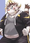 anthro belly blue_eyes blush clothing eyewear fur glasses jacket male navel overweight overweight_male shirt solo t-shirt topwear white_body white_fur nazebesu_hobby lifewonders tokyo_afterschool_summoners licho_(tas) felid mammal pantherine tiger absurd_res hi_res