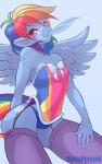 anthro anthrofied blue_body blue_feathers blue_fur blue_skin breasts clothed clothing corset cutie_mark feathered_wings feathers female fur hair half-closed_eyes legwear lingerie looking_at_viewer loose_feather multicolored_hair multicolored_tail narrowed_eyes navel panties rainbow_hair rainbow_tail simple_background skimpy small_breasts smile solo tail thigh_highs topwear underwear white_background wings kinkypinkink friendship_is_magic hasbro my_little_pony mythology rainbow_dash_(mlp) equid equine mammal mythological_creature mythological_equine pegasus absurd_res hi_res