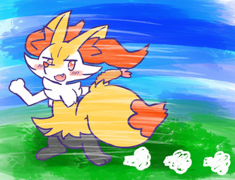 ambiguous_anthro ambiguous_gender anthro biped blush blush_stickers cute_fangs digitigrade dipstick_tail dust_cloud fangs food grass looking_at_viewer looking_back looking_back_at_viewer markings no_pupils object_in_tail open_:3 open_mouth open_smile outside plant running shrimp_(food) side_view sky smile snout solo tail tail_markings teeth annyui0611 nintendo pokemon braixen canid generation_6_pokemon mammal pokemon_(species) 2024 digital_drawing_(artwork) digital_media_(artwork) full-length_portrait hi_res japanese_description portrait translated_description