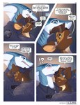 anthro blush clothing dialogue duo hair hat headgear headwear hug male open_mouth sharp_teeth teeth conditional_dnp scappo jasper_(scappo) kaila_(scappo) fish hyena mammal marine shark comic hi_res