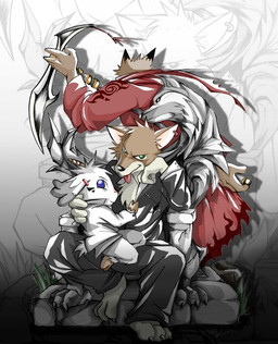 anthro barefoot black_nose blue_eyes brown_body brown_fur claws clothed clothing ear_piercing feet fur green_eyes group looking_at_viewer male piercing sitting toe_claws tongue tongue_out white_body unknown_artist one_stormy_night gabu mei_(one_stormy_night) bovid canid canine canis caprine goat mammal wolf source_request