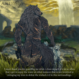 anthro barely_visible_genitalia barely_visible_penis biped butt clothing detailed_background dialogue facial_scar fur genitals grey_body grey_fur grey_hair hair humanoid_genitalia humanoid_penis male muscular muscular_anthro muscular_male penis purple_eyes scar scars_all_over solo talking_to_viewer text undressing citrine_lion projectssuz elden_ring fromsoftware blaidd_(elden_ring) canid canine canis mammal wolf 2022 absurd_res digital_media_(artwork) english_text hi_res