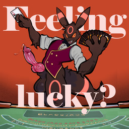 animal_genitalia animal_penis black_body black_fur blackjack_(card_game) bodily_fluids bottomless canine_genitalia canine_penis card clothed clothing fur genital_fluids genitals male partially_clothed penis playing_card precum red_eyes shirt solo text topwear vest darkluxia nintendo pokemon canid canine eeveelution generation_2_pokemon mammal pokemon_(species) umbreon 1:1 absurd_res english_text hi_res