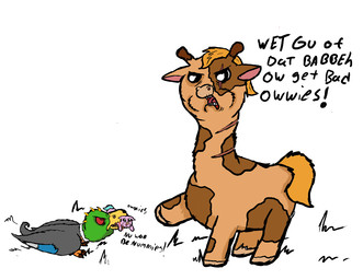 abuse ambiguous_feral ambiguous_gender angry argument baby_talk blonde_hair blood blue_tail bodily_fluids brown_body brown_fur child_abuse dialogue eye_contact facial_scar feathers feet feral fight fur grass green_face grey_body grey_feathers group hair hard_vore looking_at_another mouth_hold neonate no_sclera open_mouth pain plant purple_body purple_fur red_eyes scar size_difference standing tail talons teeth text toes trio vore yellow_tail young young_ambiguous young_feral carniviousduck fluffy_pony anatid anseriform avian bird duck fluffy_pony_(species) giraffe giraffid mammal 2026 digital_media_(artwork) english_text shaded