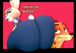 2023 3d_(artwork) annoyed anthro big_butt bottomwear butt canid canine cheek_to_cheek cindablimp clothing colored dialogue digital_media_(artwork) disney duo english_text eyebrows face_on_butt female fox green_eyes hand_on_butt head_on_butt hi_res huge_butt hyper hyper_butt judy_hopps lagomorph leporid looking_at_another looking_at_butt looking_back male male/female mammal nick_wilde pants pink_nose purple_eyes rabbit rear_view scut_tail shaded shirt short_tail simple_background smile smirk source_filmmaker_(artwork) tail text thick_thighs tight_bottomwear tight_clothing tight_pants topwear zootopia