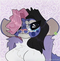 anthro big_breasts big_ears black_hair blue_eyes breasts ear_piercing eyebrows featureless_breasts female fur hair long_hair markings pattern_background piercing pink_hair pink_nose purple_background purple_body purple_fur santaniel simple_background solo split_hair spots spotted_body spotted_fur tan_body tan_fur white_body white_fur nikolaussuwulf canid canine fox mammal character_request
