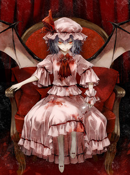 alternative_fashion ascot blood blood_drip blood_on_clothing blood_on_mouth blue_hair bodily_fluids bonnet chair clothed clothing container cup dress drinking_glass dripping female footwear furniture glass glass_container glass_cup goth gothic_lolita guro_lolita hair hat headgear headwear j-fashion legwear lolita_(fashion) membrane_(anatomy) membranous_wings mobcap not_furry pupils red_eyes shoes sitting slit_pupils smile solo tights victorian_goth wet wet_clothing wine_glass wings minakata_sunao touhou remilia_scarlet humanoid vampire hi_res