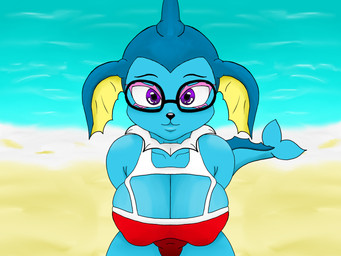 anthro beach big_breasts blue_body breasts clothing eyewear female glasses looking_at_viewer pupils purple_eyes red_clothing red_swimwear solo swimwear wearing_glasses white_sclera kinkycoconuts nintendo pokemon eeveelution generation_1_pokemon pokemon_(species) vaporeon 4:3 hi_res