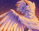 ambiguous_gender black_body black_fur feathered_wings feathers feral fur hair orange_eyes solo white_body white_feathers white_fur white_hair wings hauringu orphen canid canine fox hybrid mammal 2022 digital_media_(artwork)