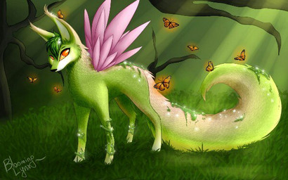 ambiguous_gender black_nose detailed_background digitigrade ear_tuft feathered_wings feathers feral feral_with_hair fur grass green_body green_fur green_hair hair light moss orange_eyes outside plant snout solo sunlight tail tree tuft wings yellow_sclera bloominglynx ambient_arthropod ambient_butterfly ambient_insect mammal 2018 digital_drawing_(artwork) digital_media_(artwork) shaded