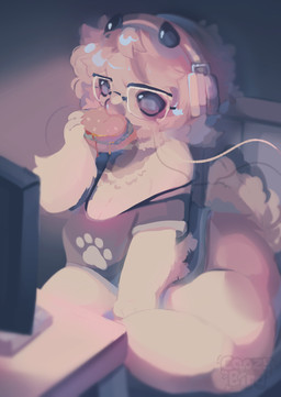 anthro beak burger chair clothed clothing computer_monitor crossed_legs eating electronics eyewear feathers female fluffy food furniture glasses headphones horn no_underwear on_chair oversized_clothing sitting sitting_on_chair slightly_chubby solo whiskers coozy avian bird columbid pigeon hi_res