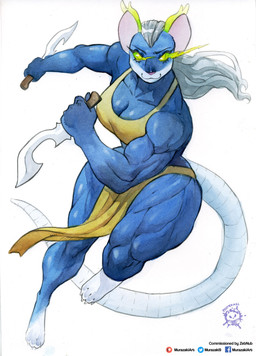 4_toes anthro barefoot blue_body bottomwear breasts claws cleavage clothed clothing dagger feet female glowing glowing_eyes holding_dagger holding_melee_weapon holding_object holding_weapon loincloth melee_weapon muscular muscular_female paws solo toe_claws toes weapon murazaki mammal rodent absurd_res hi_res traditional_media_(artwork)