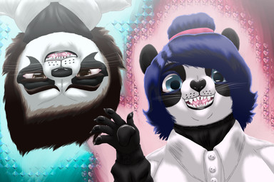 anthro aura blue_hair brown_hair clothing duo female gesture hair looking_at_viewer male smile upside_down waving waving_at_viewer the_shag! der_shag_(alpha_a_5) xiwang_heilis_(alpha_a_5) bear giant_panda humanoid mammal metrono_panda 3:2 hi_res