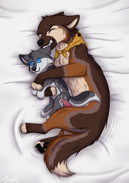 4_toes animal_genitalia animal_penis bared_teeth bed_sheet bedding bite blue_eyes bodily_fluids brown_body brown_fur button_(fastener) button_eyes canine_genitalia canine_penis cheek_tuft claws clenched_teeth cross_pupils cum cumshot duo ear_bite ear_tuft ejaculation erection eyes_closed facial_tuft feet feral fluffy fluffy_tail fur fur_markings genital_fluids genitals grey_body kerchief lying male male_feral markings masturbation multicolored_body multicolored_fur on_side pawpads penetration penile penile_masturbation penis plushie plushophilia soft_toy solo stitch_(sewing) tail teeth toes toy tuft miuyki canid canine canis coyote mammal wolf absurd_res digital_drawing_(artwork) digital_media_(artwork) hi_res shaded
