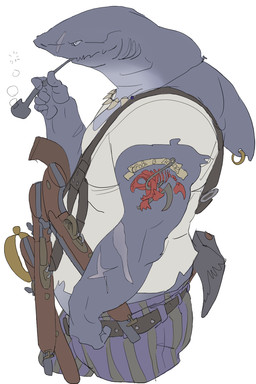 anthro arm_scar arm_tattoo belt bottomwear brown_belt bubble clothed clothed_anthro clothed_male clothing dorsal_fin facial_scar fin fin_piercing fin_ring fully_clothed fully_clothed_anthro fully_clothed_male furgonomic_piercing furgonomics grey_body gun holding_pipe jewelry male male_anthro necklace pants piercing purple_bottomwear purple_clothing purple_pants ranged_weapon scar shirt side_view simple_background solo t-shirt tattoo topwear weapon white_background white_clothing white_shirt white_t-shirt white_topwear really_vile aquatic fish shark 2017 2:3 hi_res portrait three-quarter_portrait