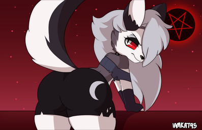 alternative_fashion anthro black_bottomwear black_clothing black_shorts bottomwear butt clothing crescent_moon female goth hell looking_back moon shorts sky solo star text topwear i_am_kat95 hellaverse helluva_boss mythology loona_(helluva_boss) canid canid_demon canine demon hellhound mammal mythological_canine mythological_creature 2022 artist_name hi_res warm_colors
