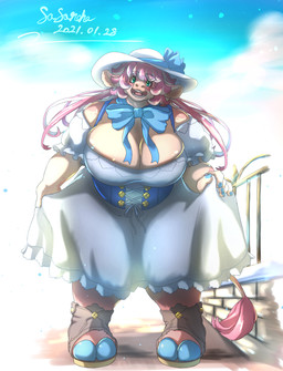 anthro big_breasts blue_ribbon bottomwear breasts bulging_breasts cleavage clothed clothing clothing_lift dress eyelashes female green_eyes hair hat hat_ribbon headgear headwear huge_breasts looking_at_viewer open_mouth outside pink_hair skindentation skirt skirt_lift smile solo standing tail tail_tuft teeth tongue tuft white_clothing white_dress white_hat white_headwear sasanoha6011 yuzuriha_(sasanoha6011) bovid bovine cattle mammal 2021 full-length_portrait hi_res portrait