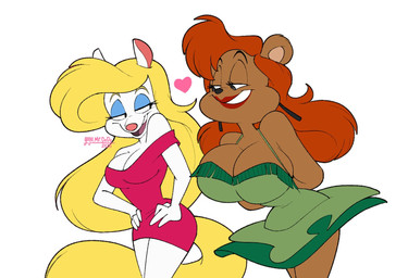 alternate_breast_size anthro bare_shoulders big_breasts biped black_nose blonde_hair breasts brown_body brown_fur cleavage clothed clothed_anthro clothed_female clothing curvy_figure dress duo ear_piercing eye_contact eyebrows eyelashes eyeshadow female fingers fringe_clothing fully_clothed fully_clothed_anthro fully_clothed_female fur green_clothing green_dress grin hair hands_behind_back hands_on_hips hands_on_own_hips heart_symbol hourglass_figure huge_breasts lidded_eyes lipstick long_hair long_tail looking_at_another makeup off_shoulder open_mouth open_smile orange_hair piercing pink_clothing pink_dress pink_nose red_hair simple_background smile smiling_at_another standing tail tassels text thick_thighs toony voice_actor_joke white_background white_body white_fur wide_hips yellow_tail conniesky3 animaniacs tiny_toon_adventures warner_brothers julie_bruin minerva_mink bear mammal mink mustelid musteline true_musteline 2025 artist_name dated digital_drawing_(artwork) digital_media_(artwork) portrait three-quarter_portrait