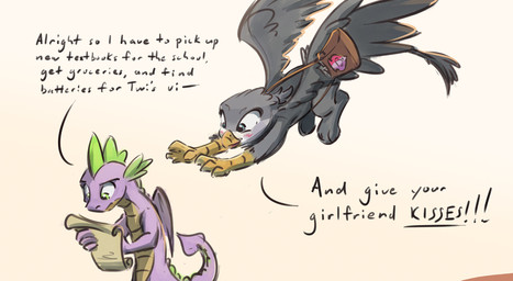 avian_feet bag beak blush dialogue duo feathered_wings feathers feet female flying fur green_body green_eyes grey_body grey_eyes grey_feathers grey_fur hindpaw holding_object looking_at_another male membrane_(anatomy) membranous_wings multicolored_body oblivious paws pink_body pink_tail reading satchel scales scroll simple_background smile spade_tail tackle tail text white_background wings yellow_beak yellow_body yellow_scales kam friendship_is_magic hasbro my_little_pony mythology gabby_(mlp) spike_(mlp) avian dragon gryphon mythological_avian mythological_creature mythological_scalie scalie 2020 english_text hi_res