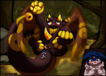 anal anal_vore anthro anus bodily_fluids duo embarrassed erection forest forest_background gaping gaping_anus genital_fluids horn looking_away lying male male/male micro on_back paws plant precum presenting shy slit_penis tree vore wings drakasus domestic_cat felid feline felis mammal hi_res