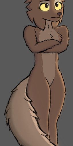 anthro brown_body brown_eyes brown_fur crossed_arms female fur multicolored_body multicolored_fur solo standing tail two_tone_body two_tone_fur yellow_sclera catsquartet canid canine canis mammal wolf hi_res