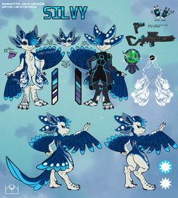 ambiguous_gender anthro bodysuit clothing feather_markings feathers flat_chested fur fur_markings gun handgun looking_at_viewer markings pistol ranged_weapon sharp_teeth skinsuit sky skyscape solo teeth text tight_clothing weapon errokioslem avali english_text full-length_portrait hi_res model_sheet portrait female_(lore)