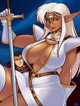 big_breasts breasts brown_eyes circlet cleavage clothed clothing duo eyebrows eyelashes female female_focus gloves hair handwear huge_breasts humanoid_pointy_ears male melee_weapon not_furry pointy_ears sword thick_thighs weapon white_hair wide_hips blazbaros record_of_lodoss_war pirotess elf humanoid 2025 hi_res