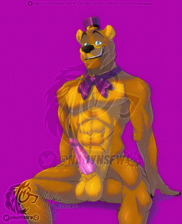 anthro genitals male muscular penis solo spread_legs spreading text namygaga five_nights_at_freddy's five_nights_at_freddy's_4 scottgames fredbear_(fnaf) bear mammal hi_res url