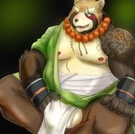 anthro asian_clothing balls belly big_balls blush brown_body brown_fur bulge clothed clothing east_asian_clothing eye_scar facial_scar fundoshi fur genitals japanese_clothing male moobs nipples overweight overweight_anthro overweight_male scar solo underwear wardrobe_malfunction white6000 lifewonders tokyo_afterschool_summoners gyobu_(tas) canid canine mammal raccoon_dog tanuki 2018 absurd_res hi_res